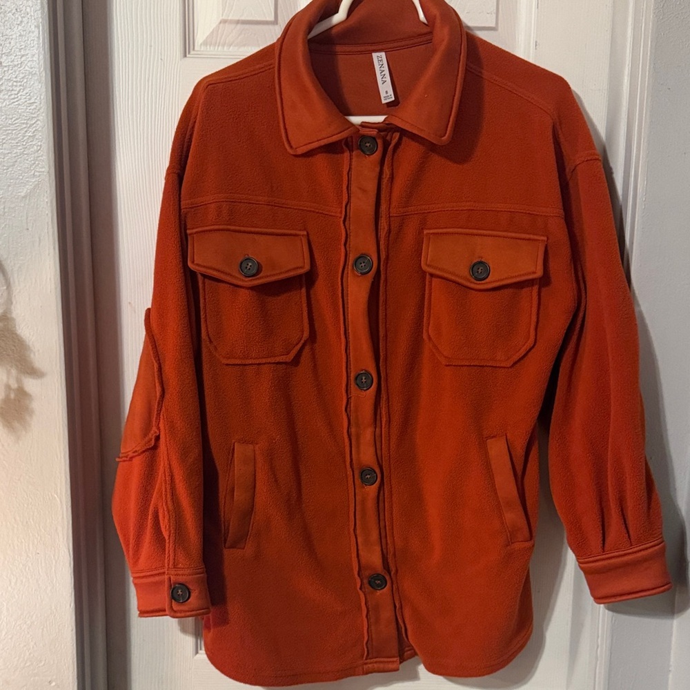 Zenana Outfitters Rust Orange Button-Front Fleece Shirt Jacket
